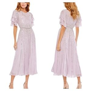 Mac Duggal 10690 Lavender Sequin Chiffon Midi Dress High Neck Flutter Sleeves